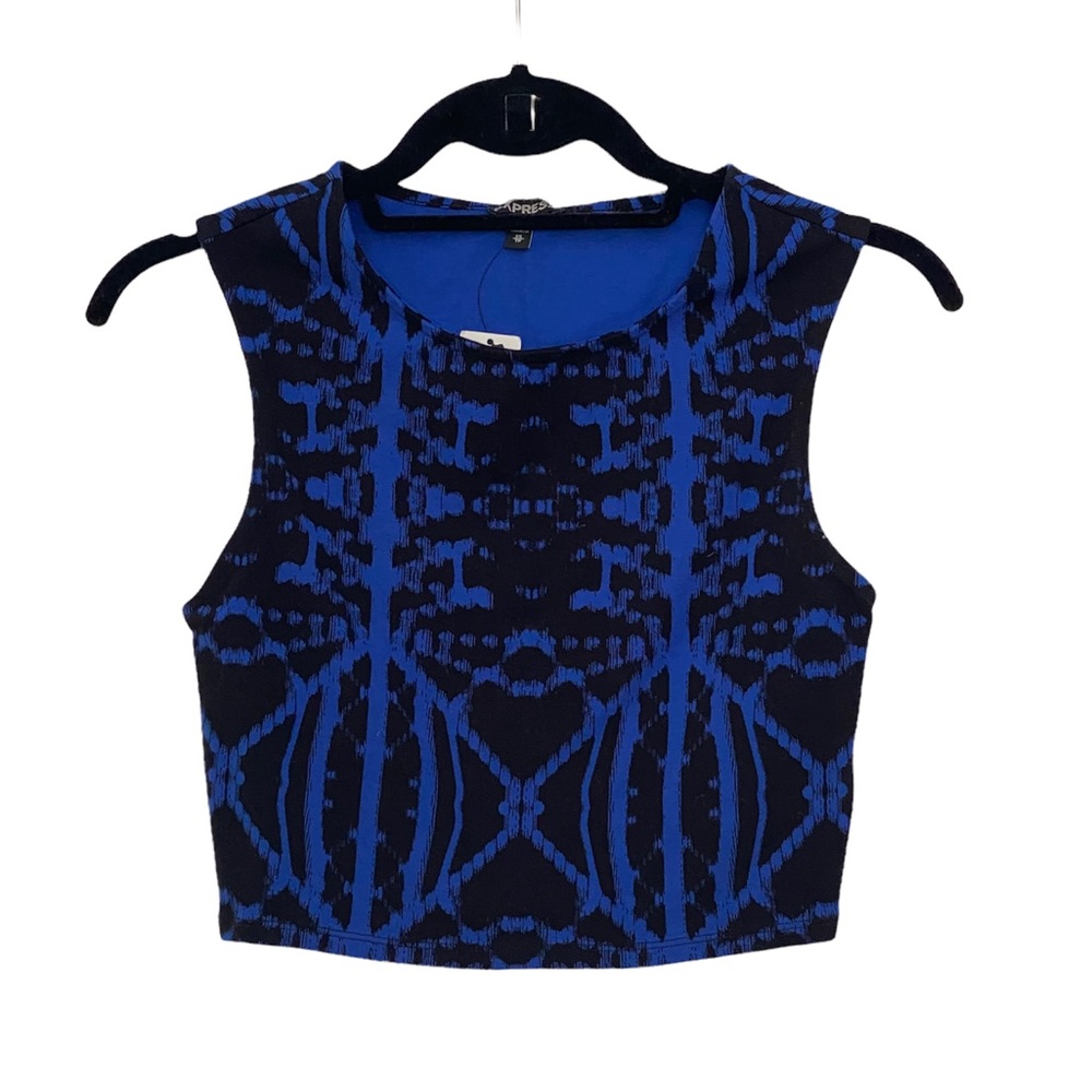 Express Abstract Crop Sleeveless Fitted Top Blue & White X Small